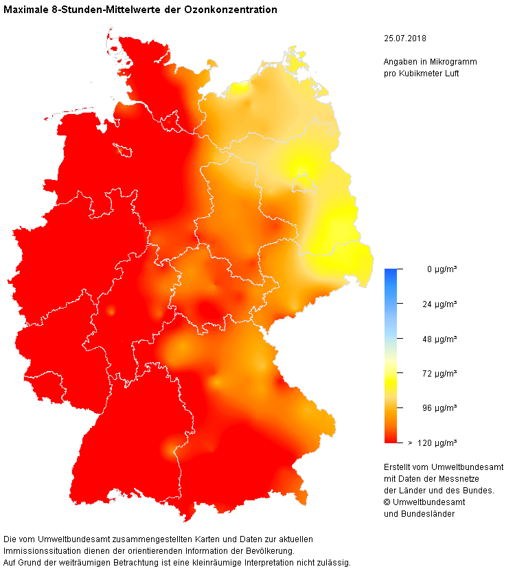 Ozon-Situation Deutschland 25.7.2018, Quelle: Umweltbundesamt